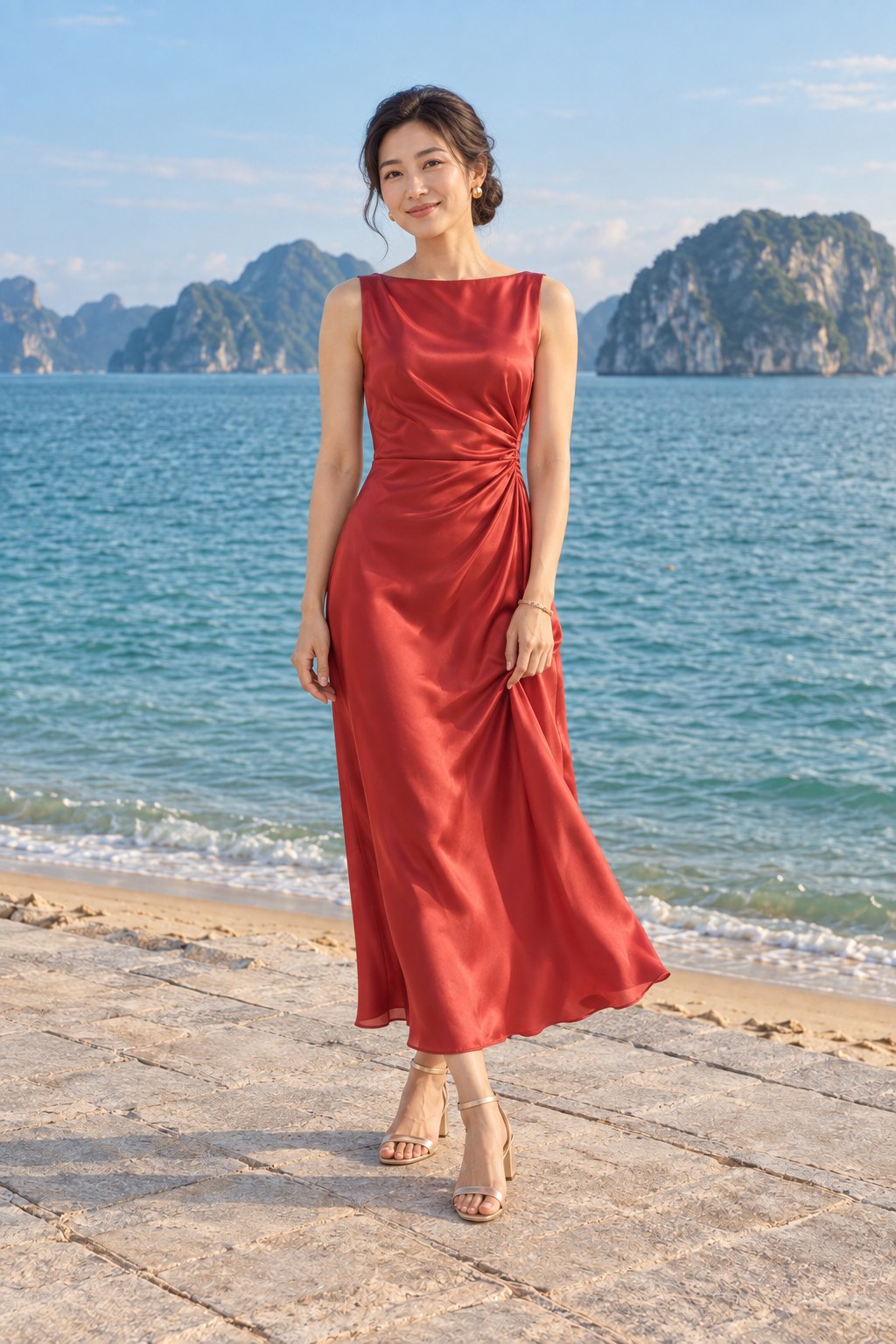 Ảnh minh họa AI: nữ mặc váy satin đỏ san hô, trang sức tinh giản và sandal bên biển