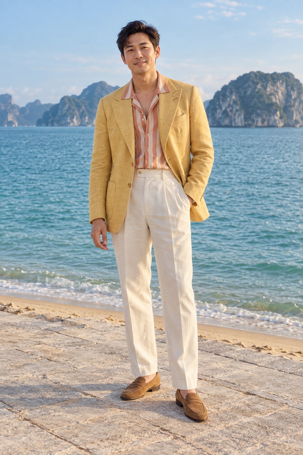 Ảnh minh họa AI: nam mặc blazer vàng nắng, sơ mi sọc cam, quần trắng ngà và loafer bên biển